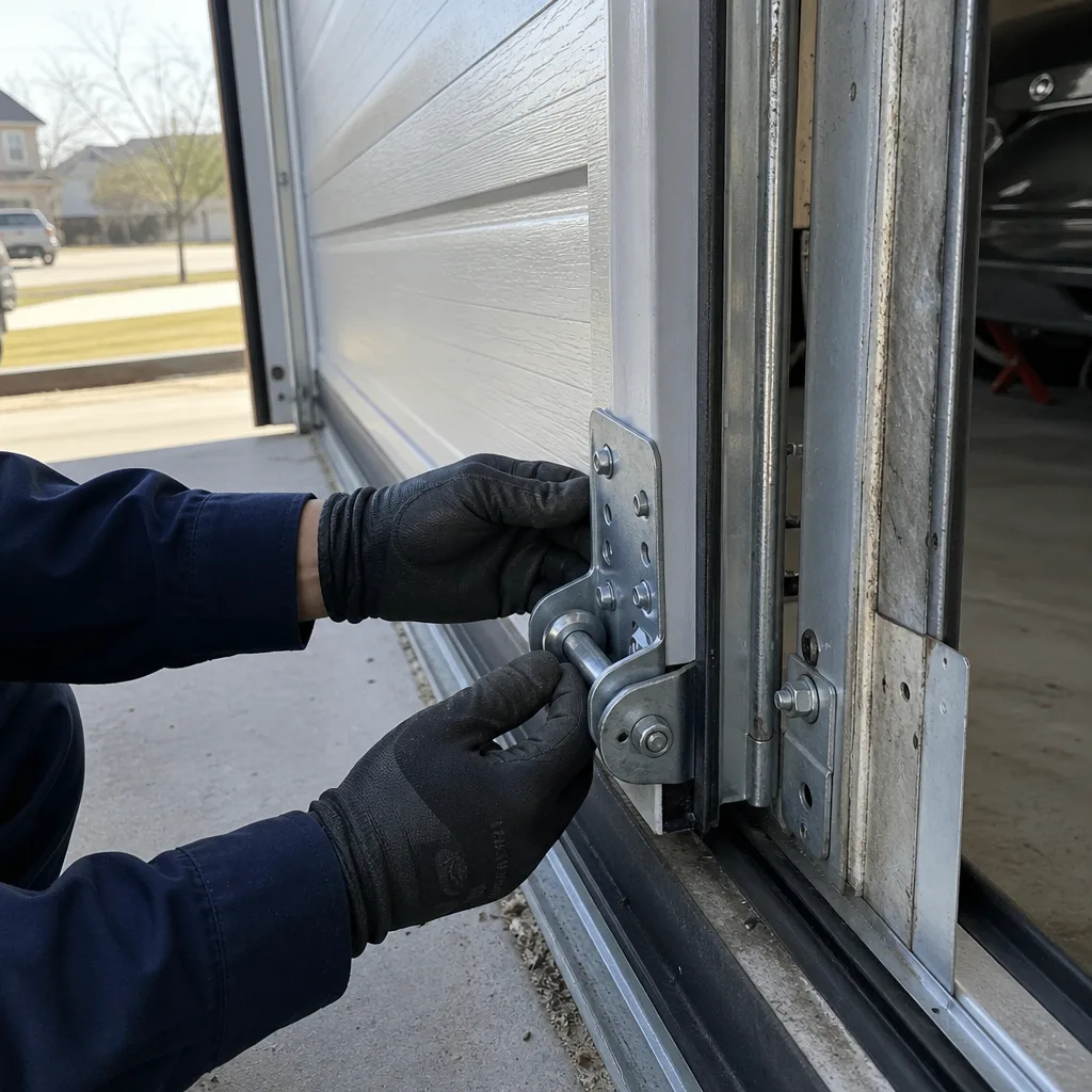 Technician performing professional garage door hinge and roller maintenance