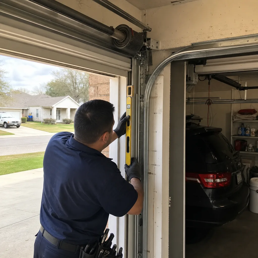 Technician using a level to align a garage door track