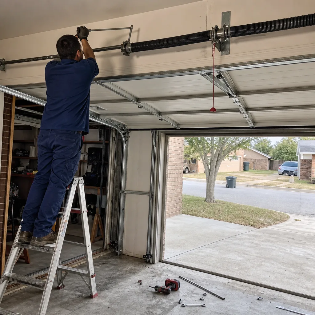 Technician performing professional garage door spring repair and maintenance