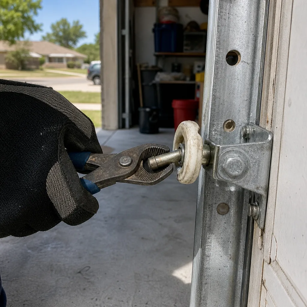 Gloved hand repairing or adjusting a garage door roller mechanism