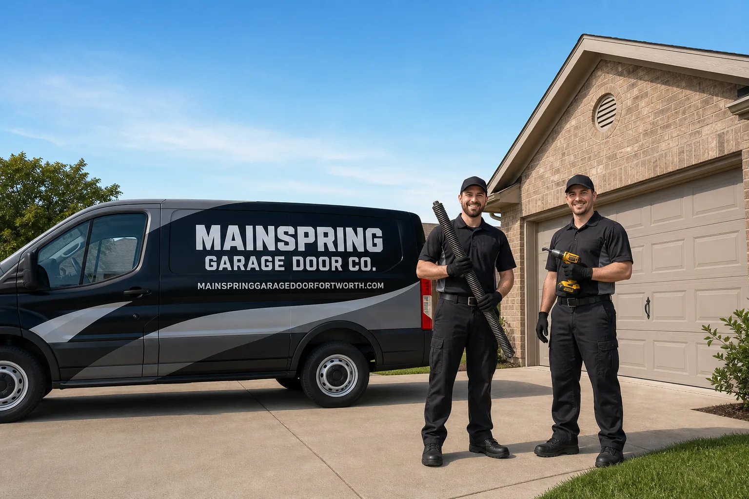 Mainspring Garage Door Co. garage door service vehicle and crew in Fort Worth, TX